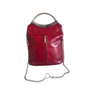 Simona Ferri Red Leather Top Handle Bag Silver Chain Strap Italy‎ Designer